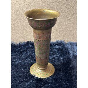 Vintage Brass Vase With Intricate Floral Etching & Vibrant Green And Pink Enamel